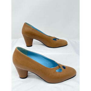 Thierry Rabotin Brown Leather Cutout Heels 37.5 Made in Italy Block Heel Pumps